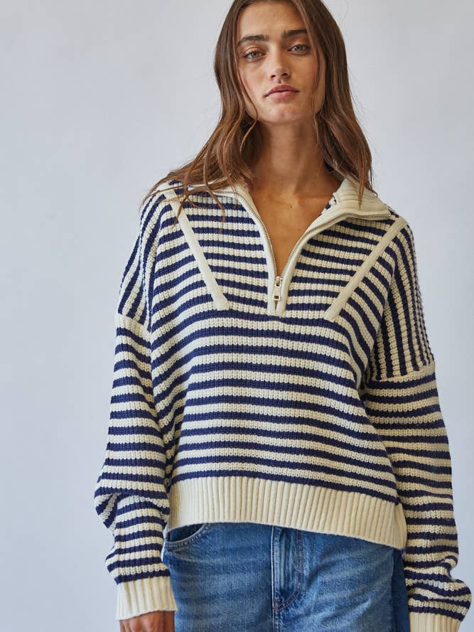HSW1288-1 Chic Coastal Half-Zip Striped Sweater for wholesale by Creamon
