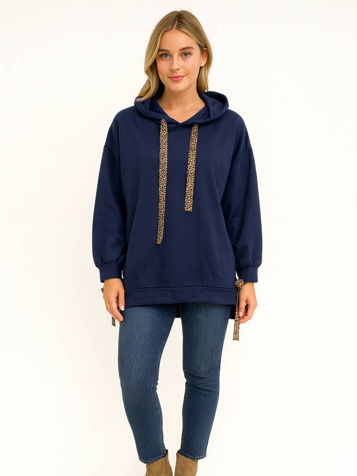Italiaanse Leopard Trim Relaxed Fit Hoodie Top voor wholesale door Miss Bold
