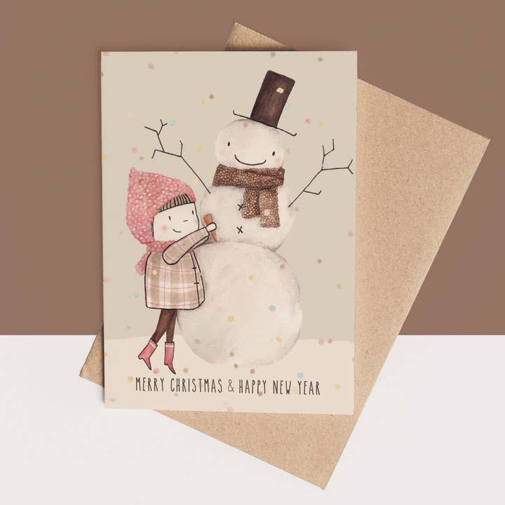 Brown Card + Envelope - Girl With Snowman for wholesale on Faire