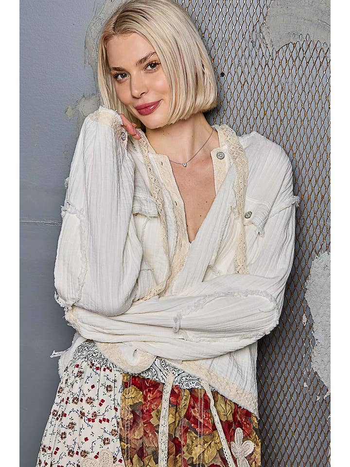 Pol Clothing - Wholesale Jacket - Women's - Vintage washing double gauze stitch detail hoodie jacket17