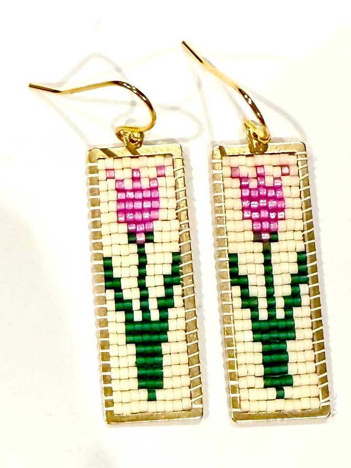 Glass Seed Bead Brass Charm Miyuki Earring Flower Pink for wholesale by GentrybyJenna