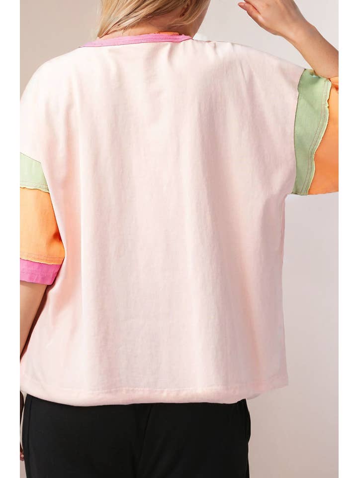 LA Society - Wholesale T-Shirt - Women's - Color Block Round Neck Half Sleeve Oversize Top