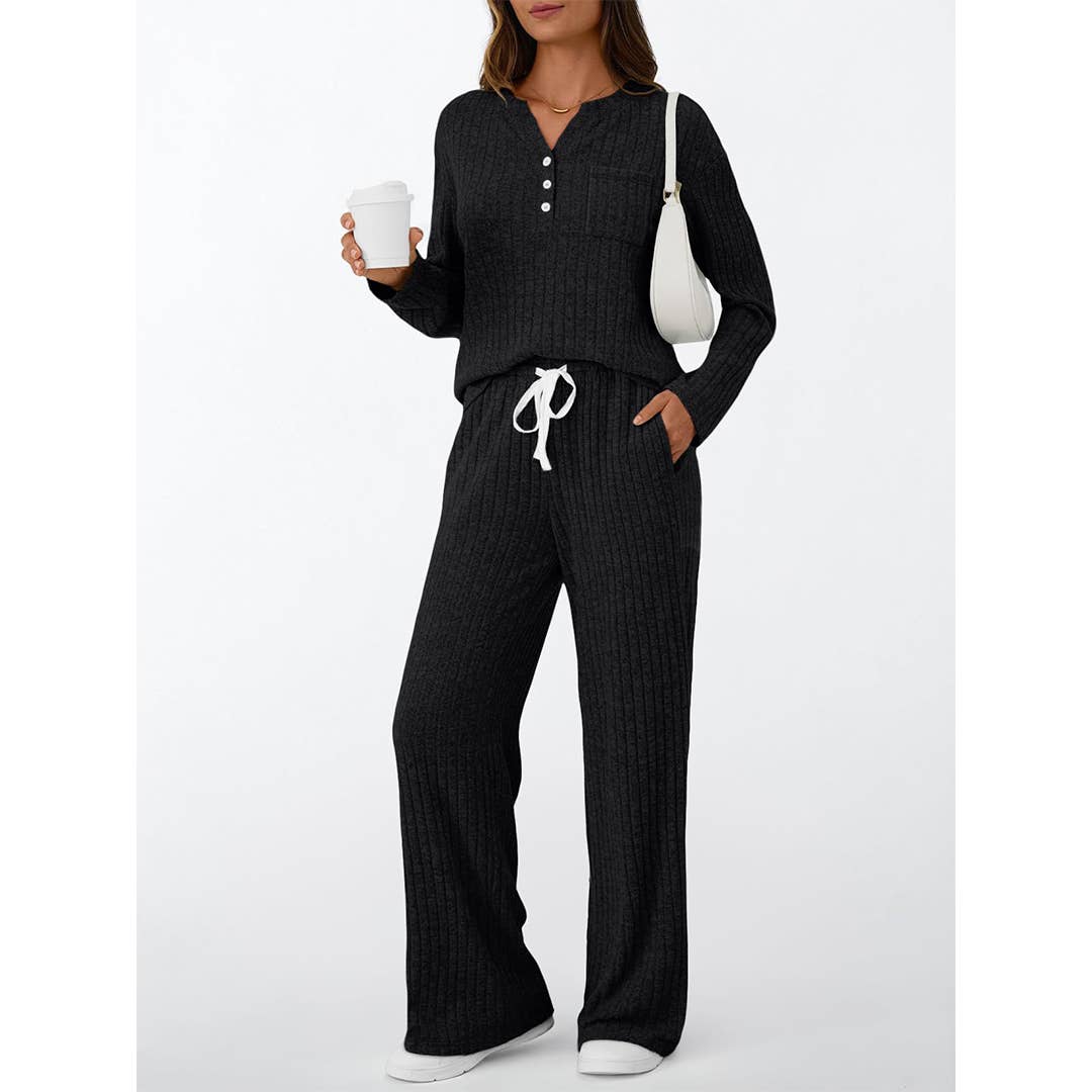 UNISHE - Vente Ensemble de vêtements d'intérieur – femme - Ensemble de pyjama à manches longues côtelées avec boutons et pantalon AXY0394