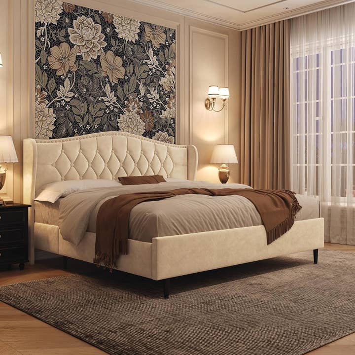 Beige Velvet Platform Bed With Tall Upholstered Headboard for wholesale on Faire4