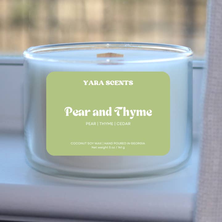 PEAR AND THYME | Wood Wick Coconut Soy Candle for wholesale by Yara Scents