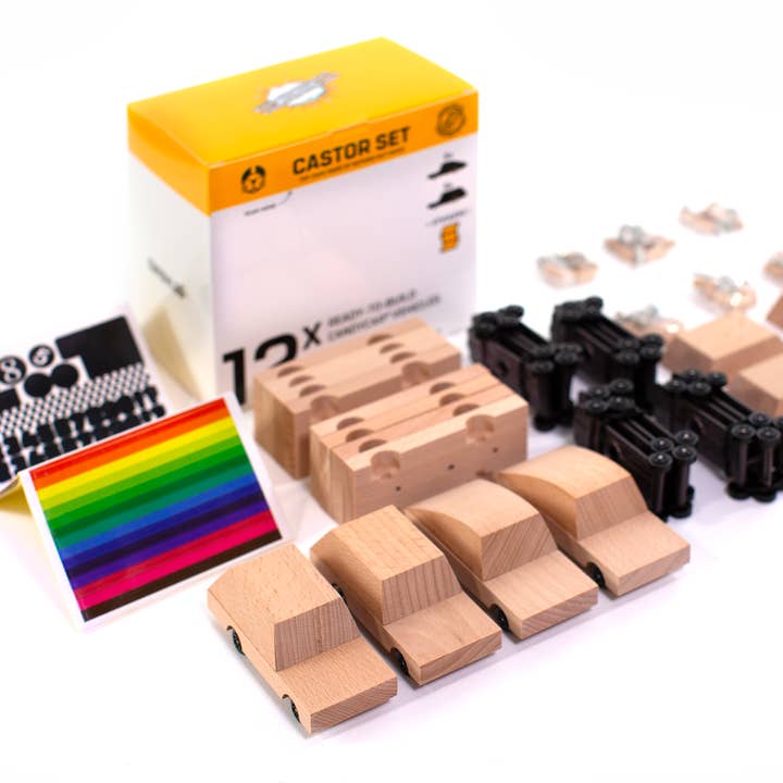 The Castor Set 12x - Build Your Own Wooden Diecast Toy Car for wholesale by Little Concepts Distribution Ltd