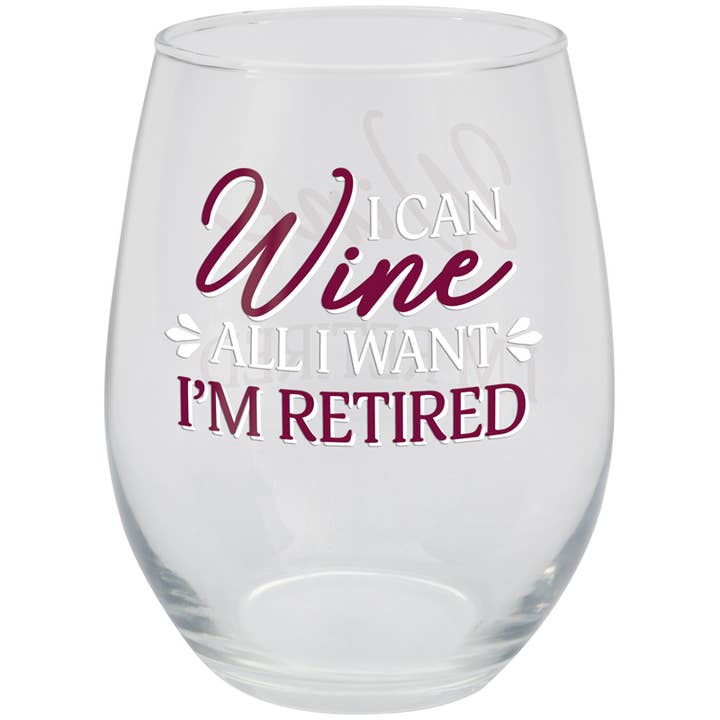 "Retired" 17oz Stemless Wine Glasss for wholesale by Gift & Garden by Carson