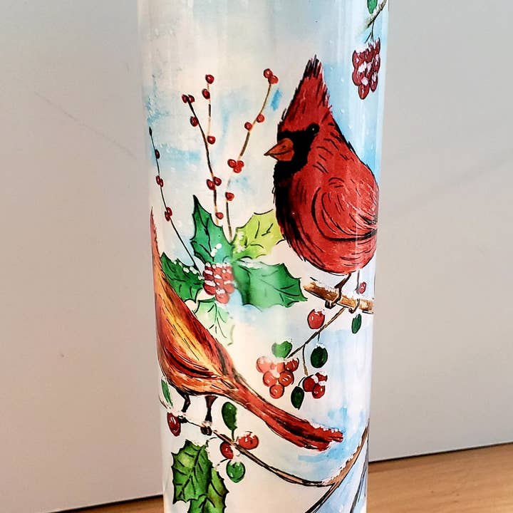 Winter Cardinals Stainless Steel Tumbler for wholesale by Angie Bryan Creations