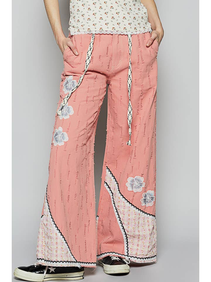 Pol Clothing - Wholesale Jeans - Women's - Floral patches embroidery elastic band casual pant