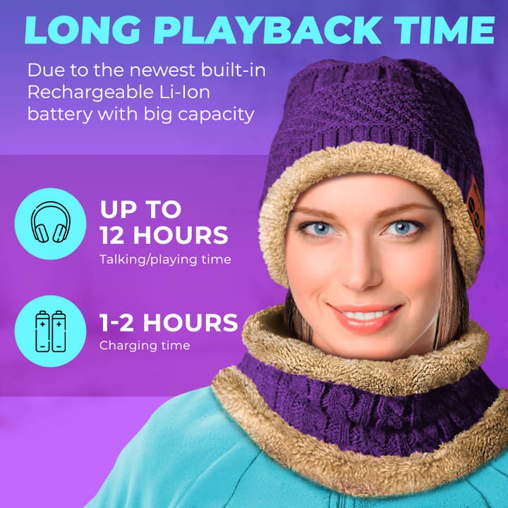 SWIRLLINE – Großhandel Beanie – Damen – Warmes, weiches Bluetooth-Beanie-Set mit Mütze und Schal, Violett1