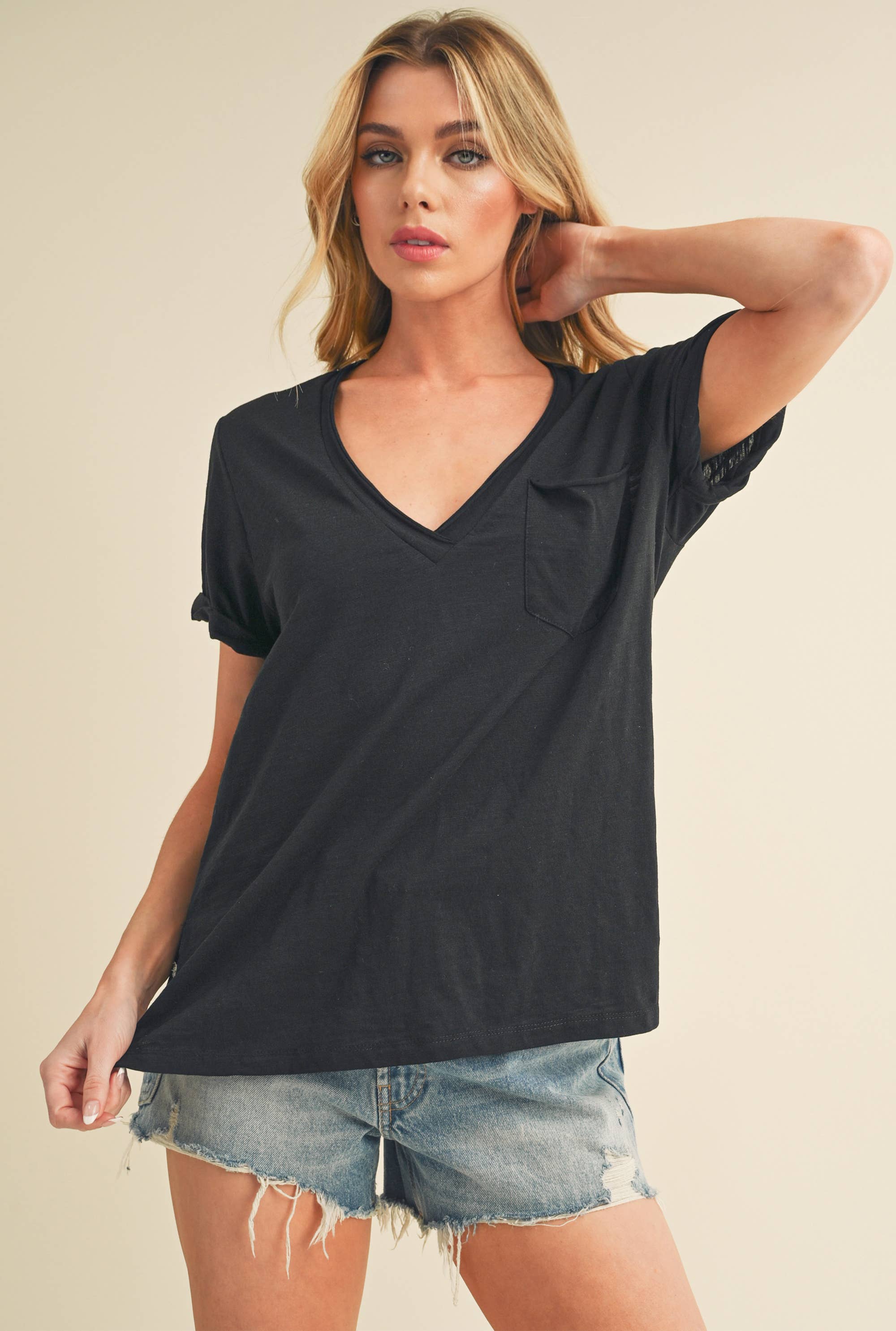 AEMI + CO - Wholesale T-Shirt - Women's - 8286DK Zoie V-Neck Short Sleeve Top1