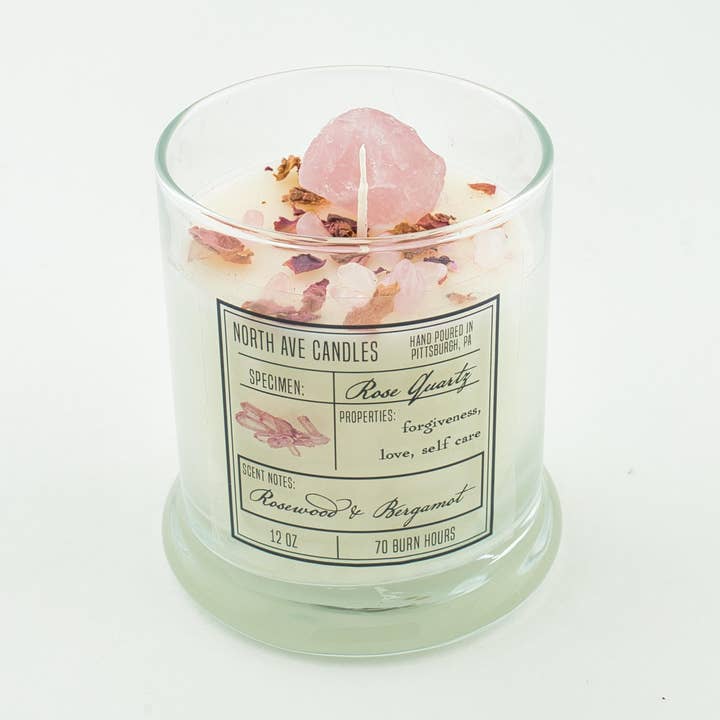 Crystal Candle / Rose Quartz | Rosewood + Bergamot for wholesale by North Ave Candles