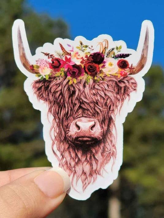 Autocollant floral en forme de vache Highland pour la vente par A Little Design Company
