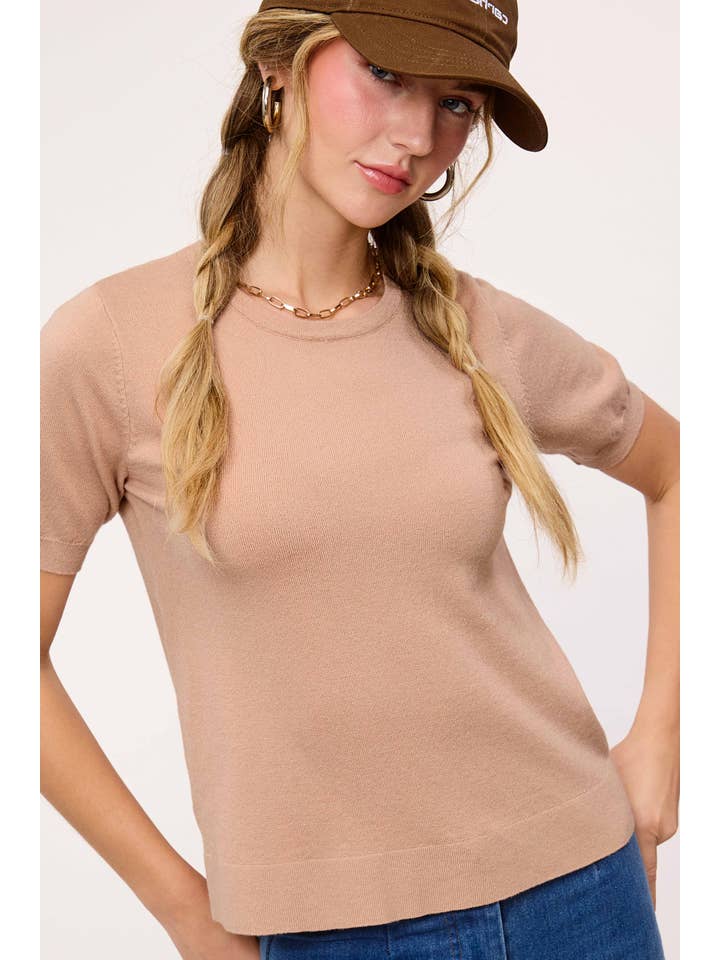 La Miel - Wholesale Knit Sweater - Women's - MCS3600-Soft Short Puffy Sleeve Basic Stretchy Knit Top