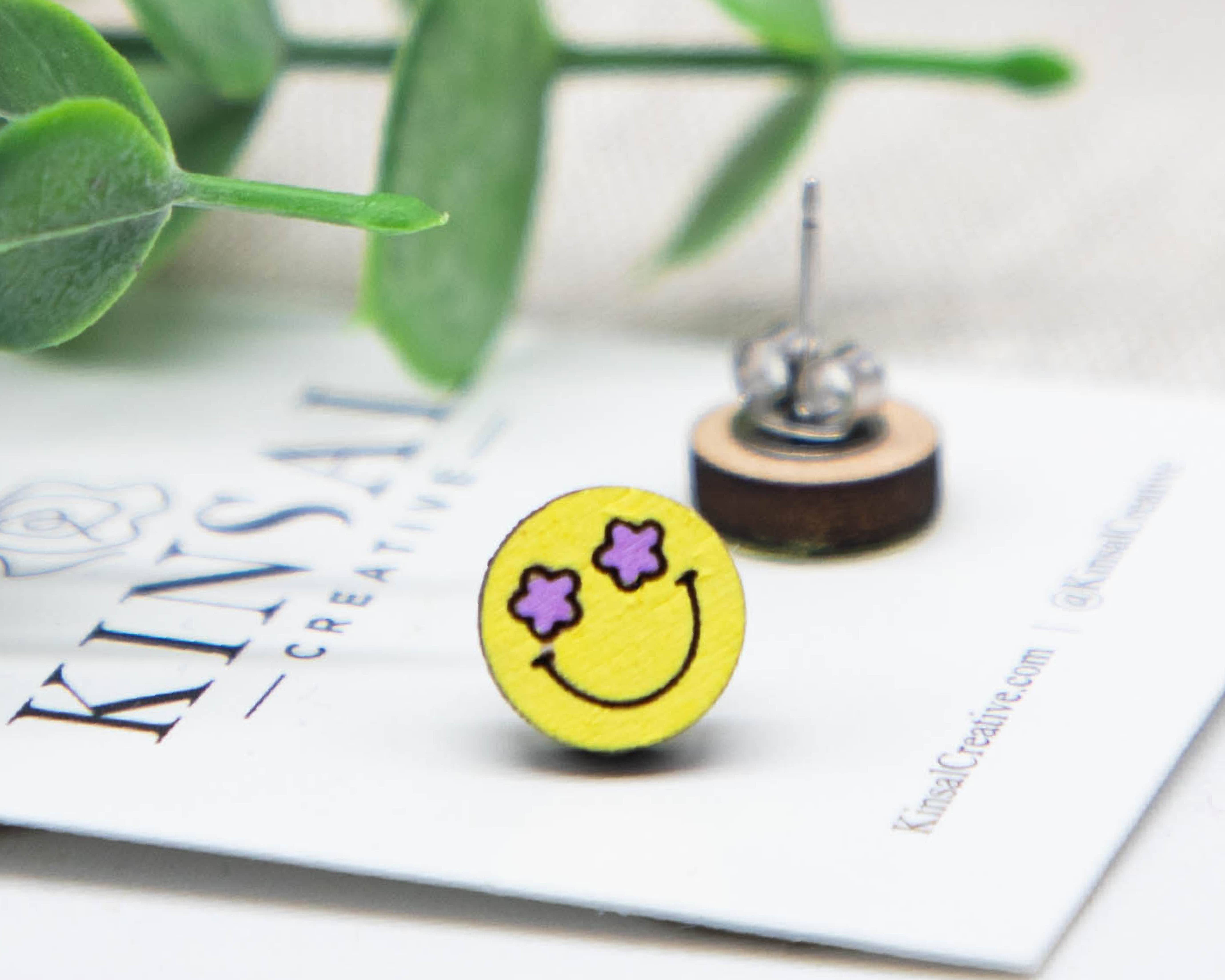 Kinsal Creative - Wholesale Stud/Post Earrings - Easter Happy Face Wood Stud Earrings1