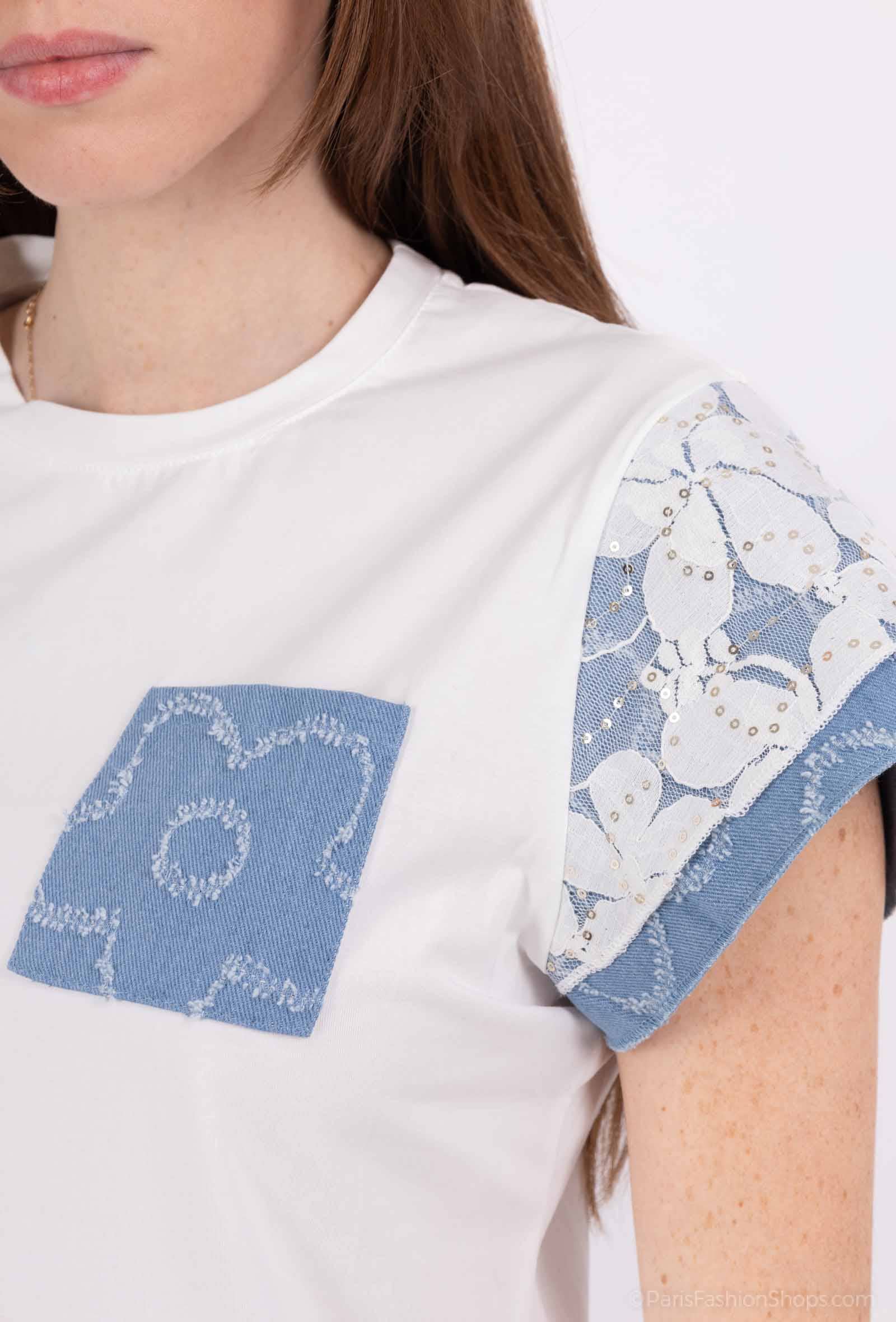 White T-shirt 95% cotton with denim pocket and lace PT2502 for wholesale on Faire4