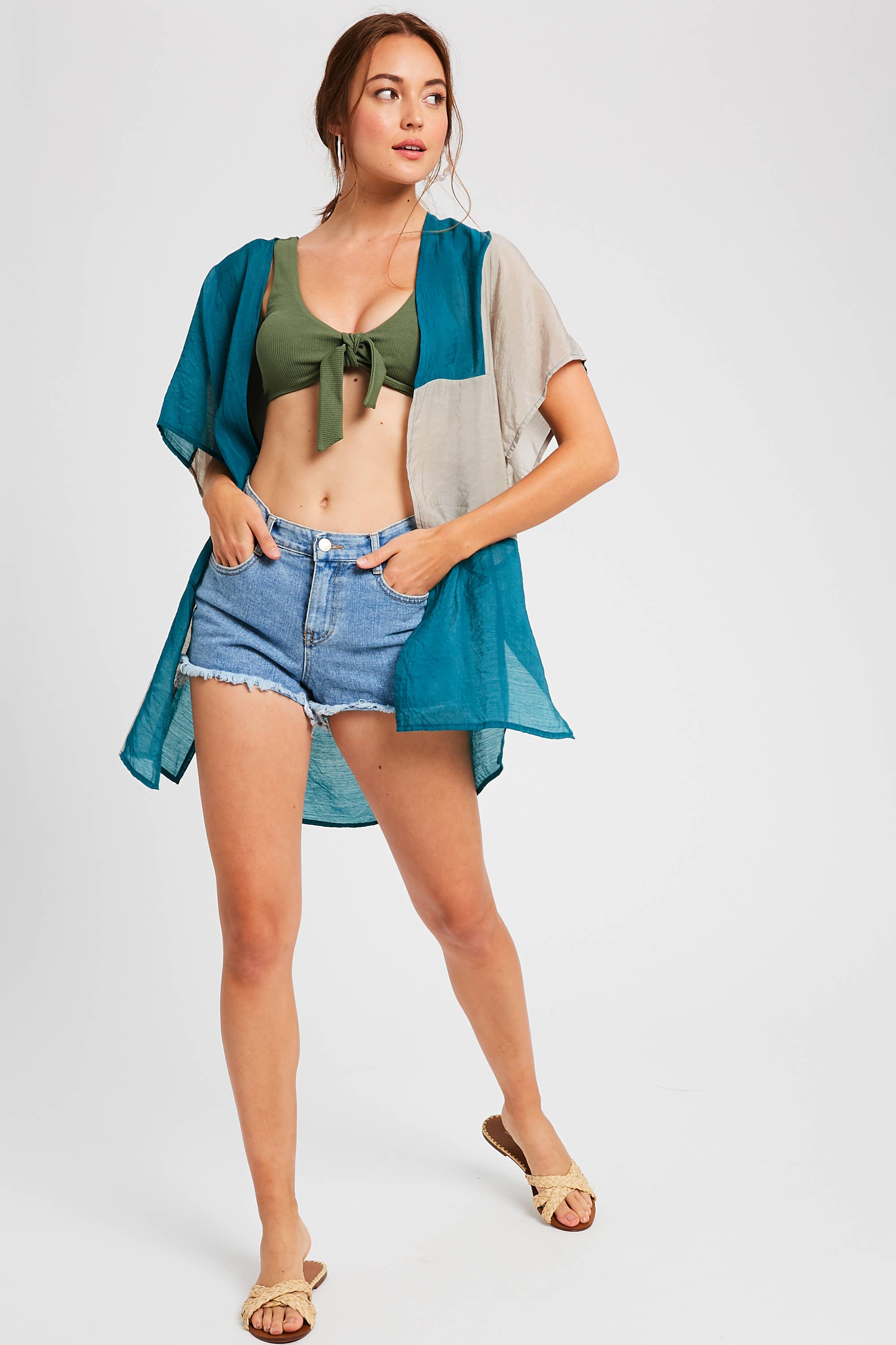 Listicle - Venta al por mayor Kimono - Mujer - Cárdigan Kimono de Bloques de Color Semitransparente19