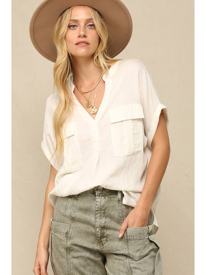 Off White Silk V-Neck Top Wite Rolled Cap Sleeves for wholesale on Faire1