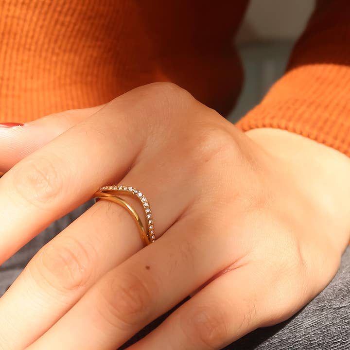 Orleans 18K Gold Non-Tarnish Layered V Rhinestone Ring for wholesale on Faire3