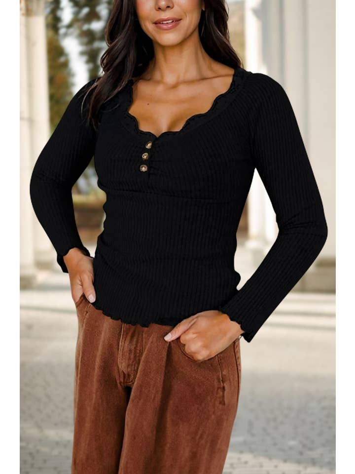 Aapparella - Wholesale Knit Top - Women's - Solid Ribbed Lace Neckline Button Decor Slim Fit Top | S-XL