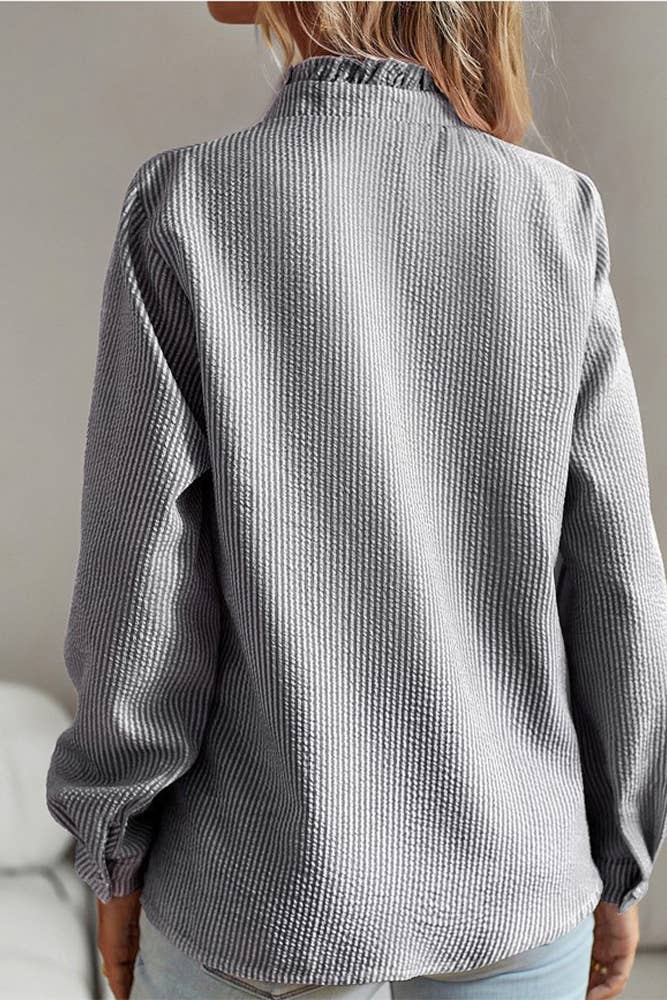 UNISHE - Wholesale Button Down Shirt - Women's - Stripes Ruffle Button Up Shirt ZK10018