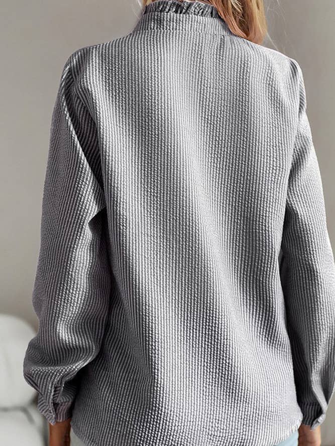 UNISHE - Wholesale Button Down Shirt - Women's - Stripes Ruffle Button Up Shirt ZK10018