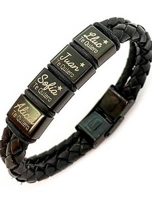 Black leather bracelet with double round cord with links. for wholesale by Happypulseras
