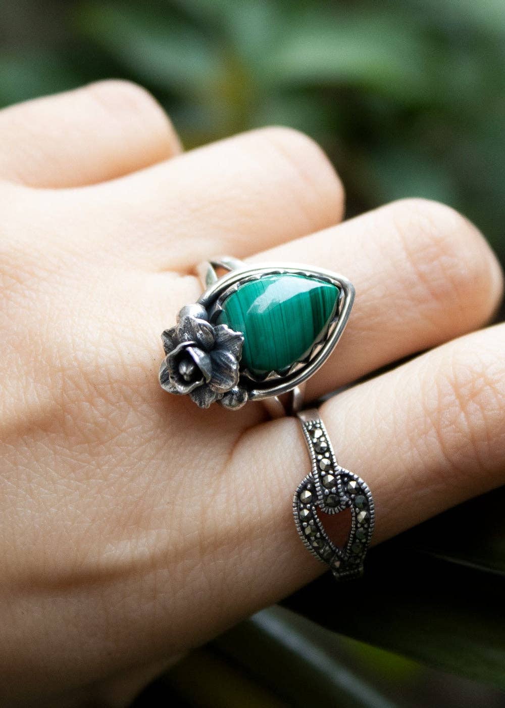 Ambra Jewels - Wholesale Cocktail/Statement Ring - Petite Floral Radiance Malachite Ring, AR-69136