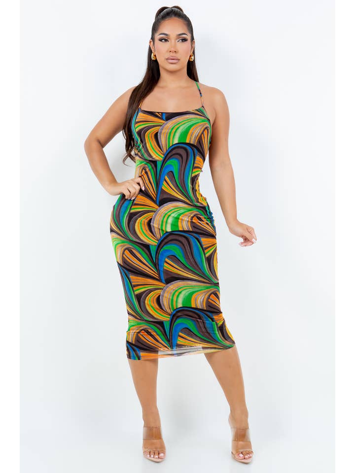 MULTI D14026 MESH PRINT DRESS SPAGHETTI DRESS WITH LINING AND OPEN for wholesale on Faire3