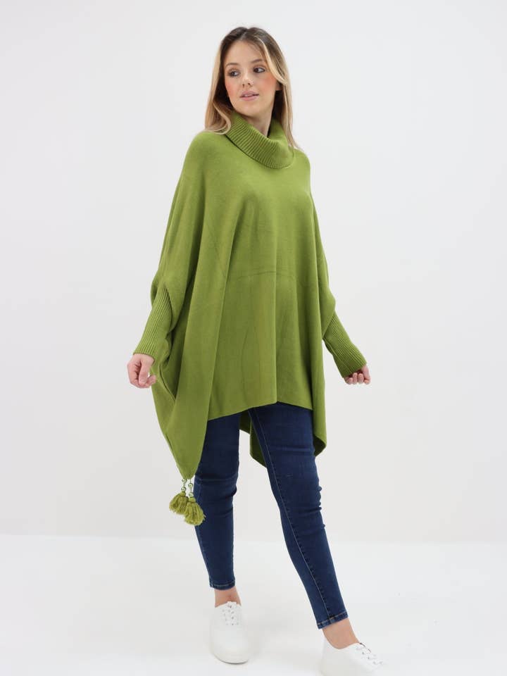 Italian Plain Cowl Neck Batwing Sleeves Tassels Tunic Poncho for wholesale by Miss Bold