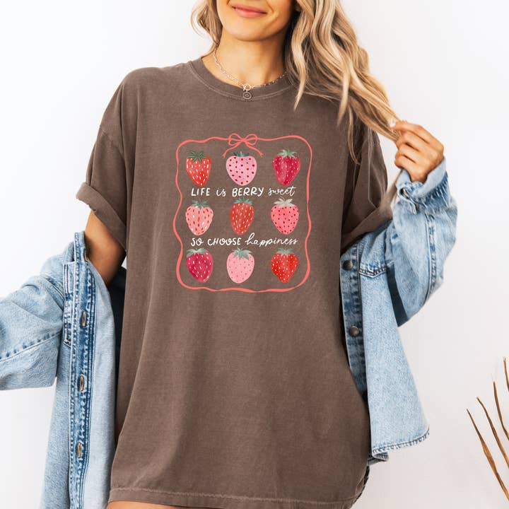 Scripted Pearl - Wholesale Screen Printed T-Shirt - Women's - Life Is Berry Sweet Strawberries Comfort Colors T Shirt5
