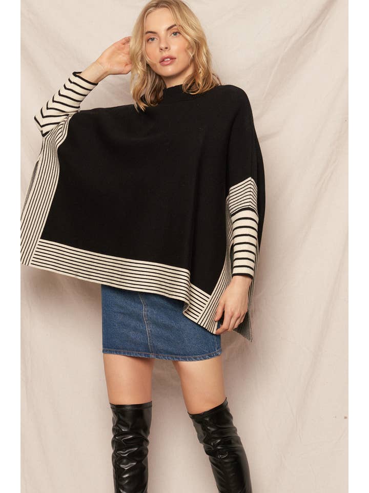 Black Oversized Striped Knit Cape Sweater for wholesale on Faire