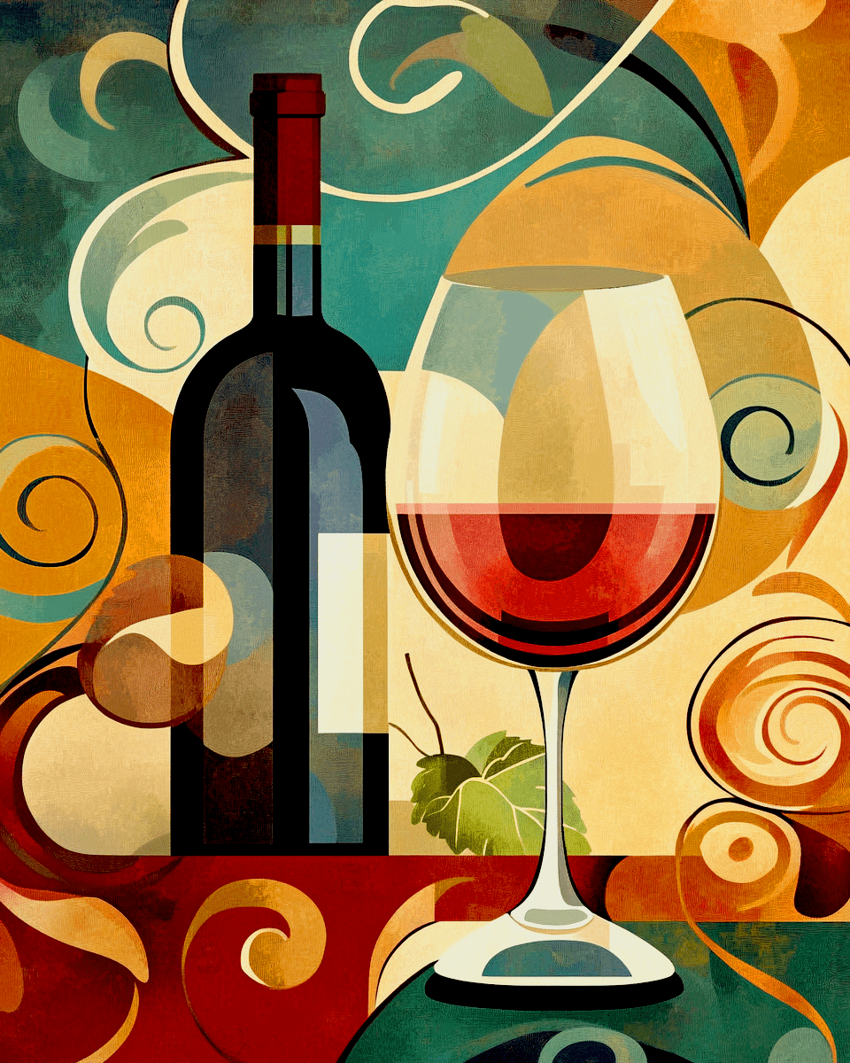 Mowbi – Impressão artística por atacado – Garrafa de Vinho e Copo Estilo Anos 70 - Impressões de Arte de Parede de Vinho – Arte de 8″x10″ para Moldura de 11″x14″0