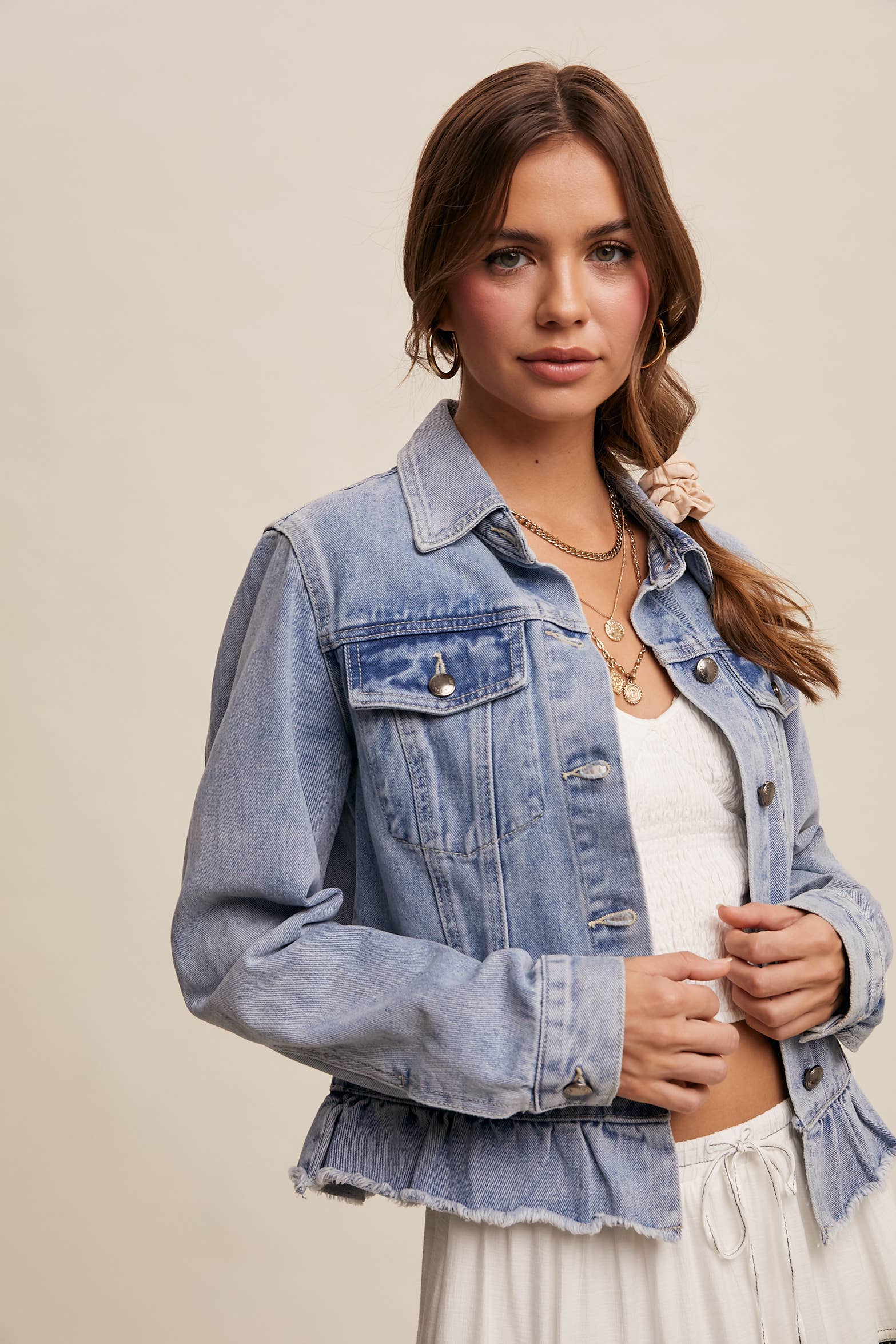 Listicle - Wholesale Denim Jacket - Women's - Ruffled Hem Denim Jacket LJ02365