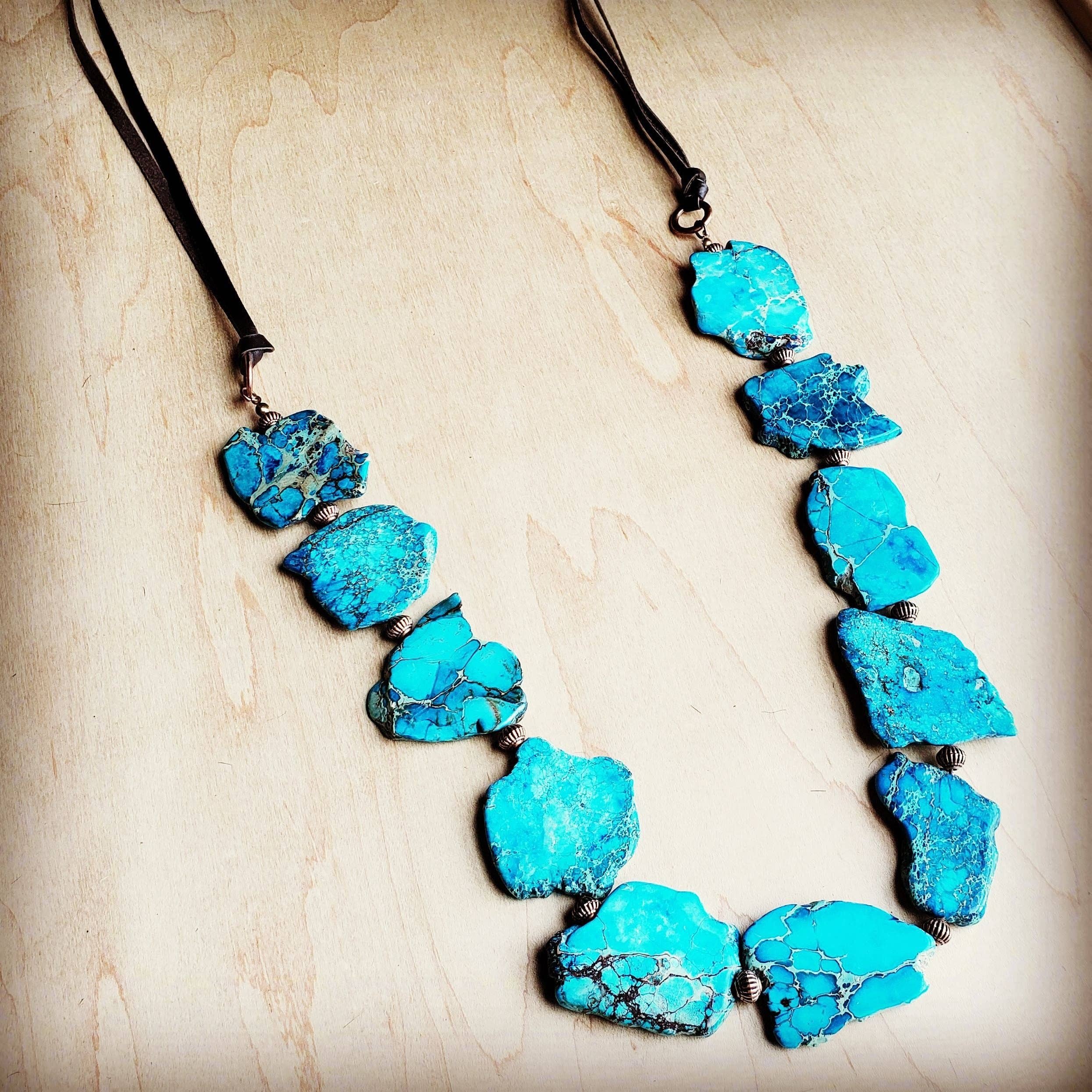 The Jewelry Junkie - Wholesale Beaded/Pearl Necklace - Turquoise Regalite Slab Necklace with Leather Ties 229h0