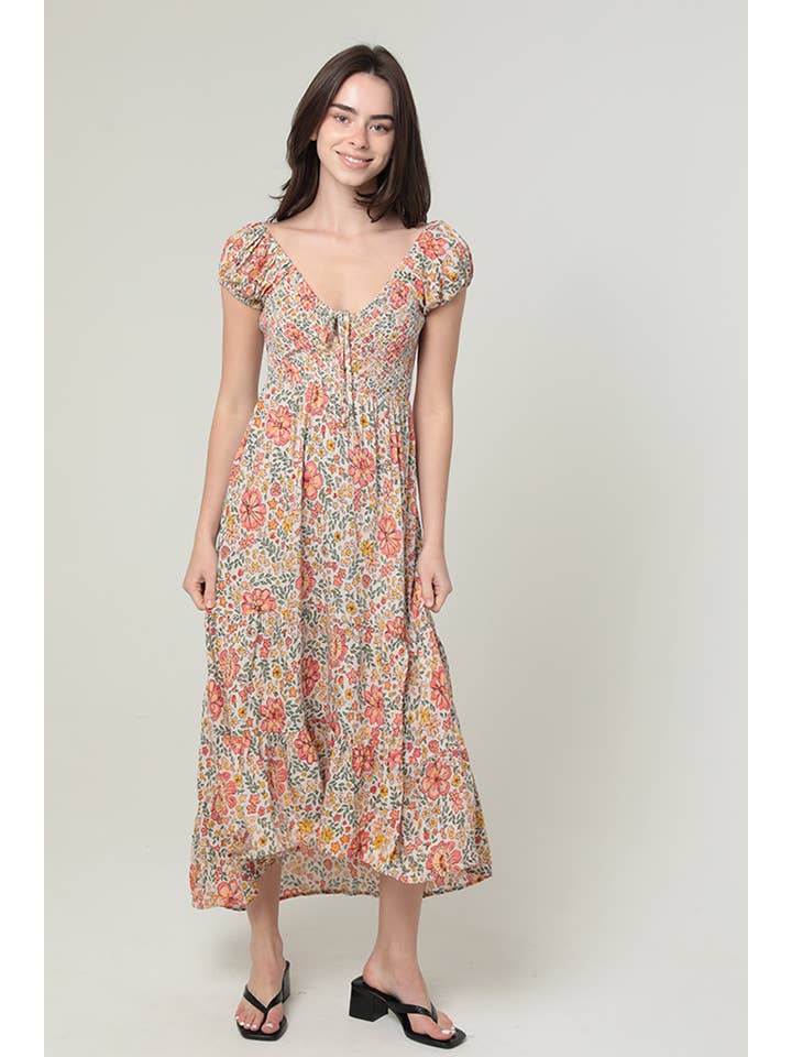 ANGIE - Wholesale Dress - Women's - F4K79-WA34 CAP SLEEVE WITH TIE FRONT AND SMOCKED BODICE