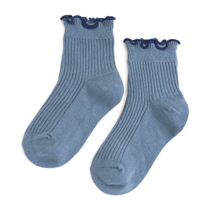 Ribbed Lettuce Trim Midi Socks - Denim/Navy for wholesale by Little Stocking Co.
