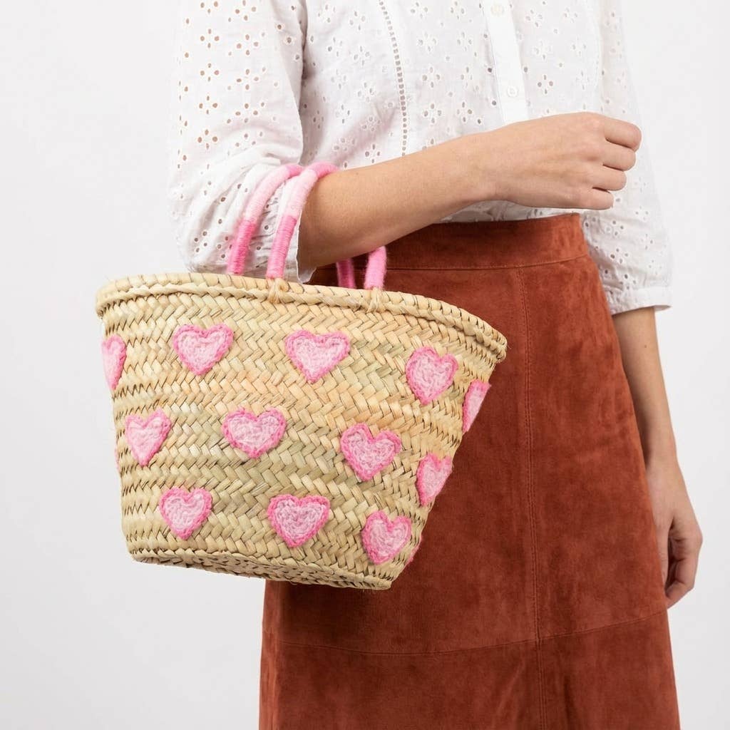 Melecraft – wholesale Basket – Heart Embroidered Straw Basket - Boho Summer Beach Tote0