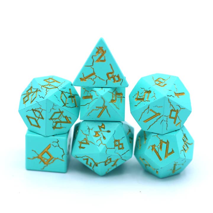 Turquoise with Silver Solid Metal Barbarian Dice Set for wholesale by Hymgho Premium Dice