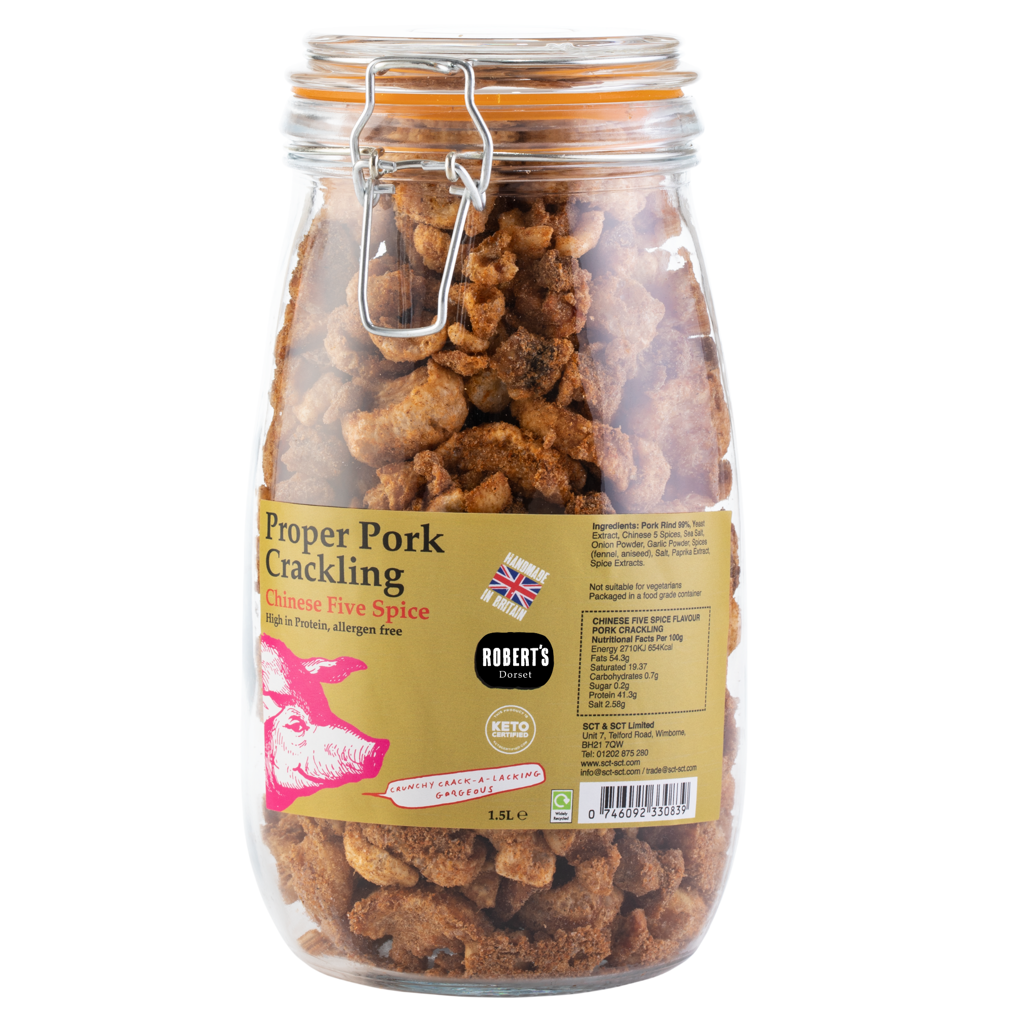 Robert’s Dorset – wholesale Puffed snack – Proper Pork Crackling 1.5L / 390g Glass Jar2