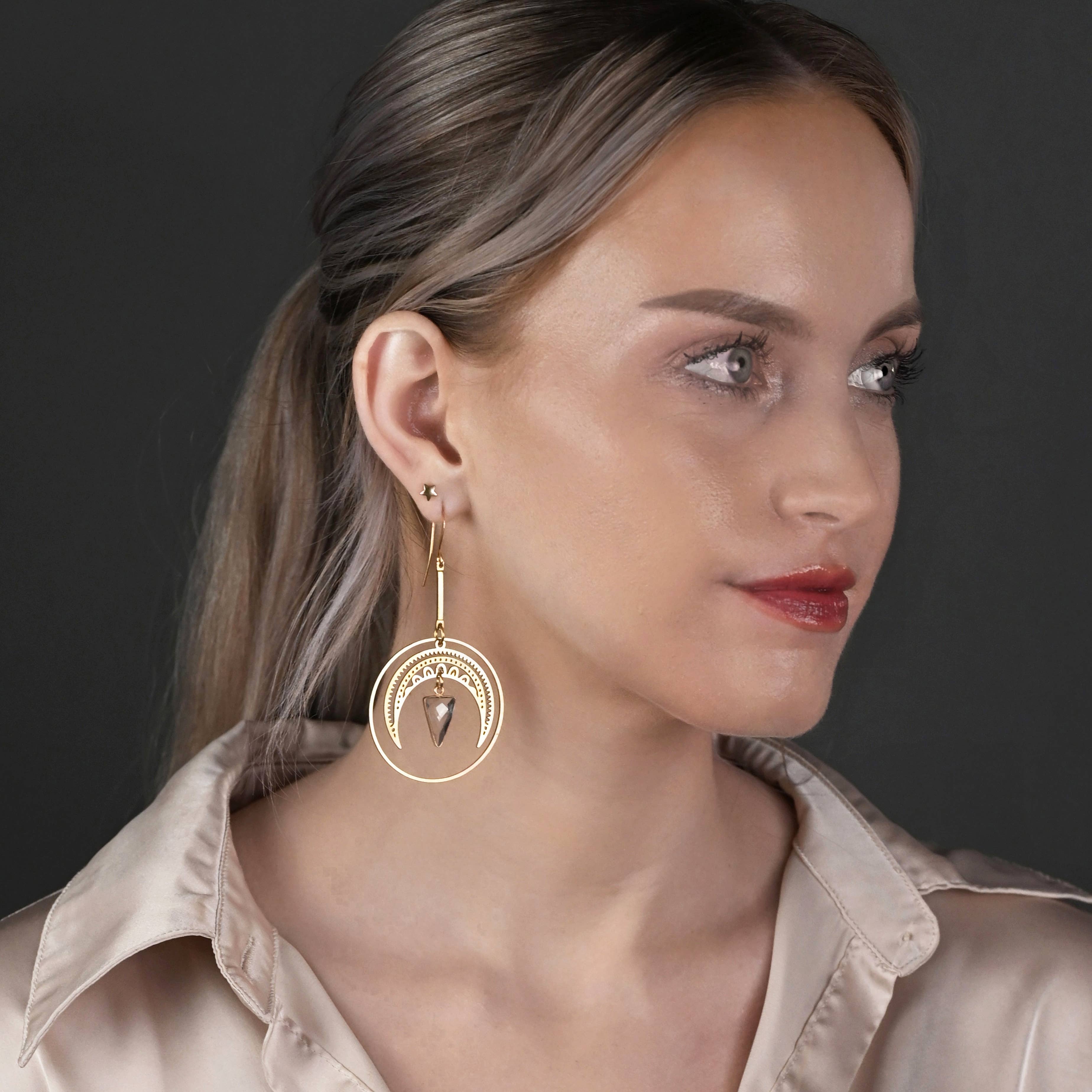 KBD Studio - Wholesale Dangle Earrings - Lace Moon Hoop w/ Triangle Gemstone Triangle Drop Earrings1