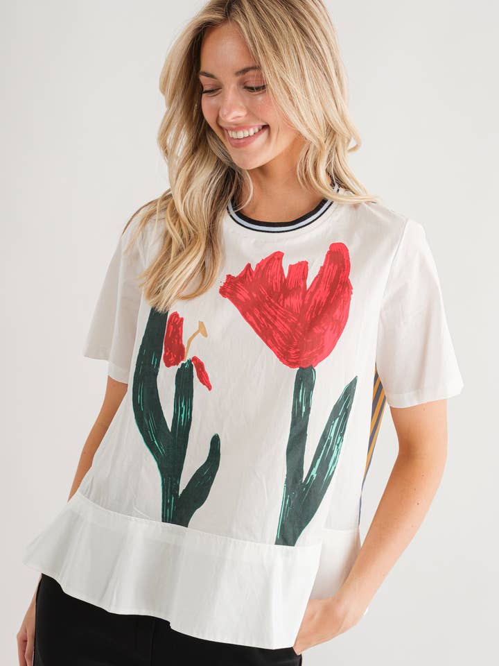 Painted Floral Stripe Zipper Back Short Sleeve Top - KH079 for wholesale by Bloidy