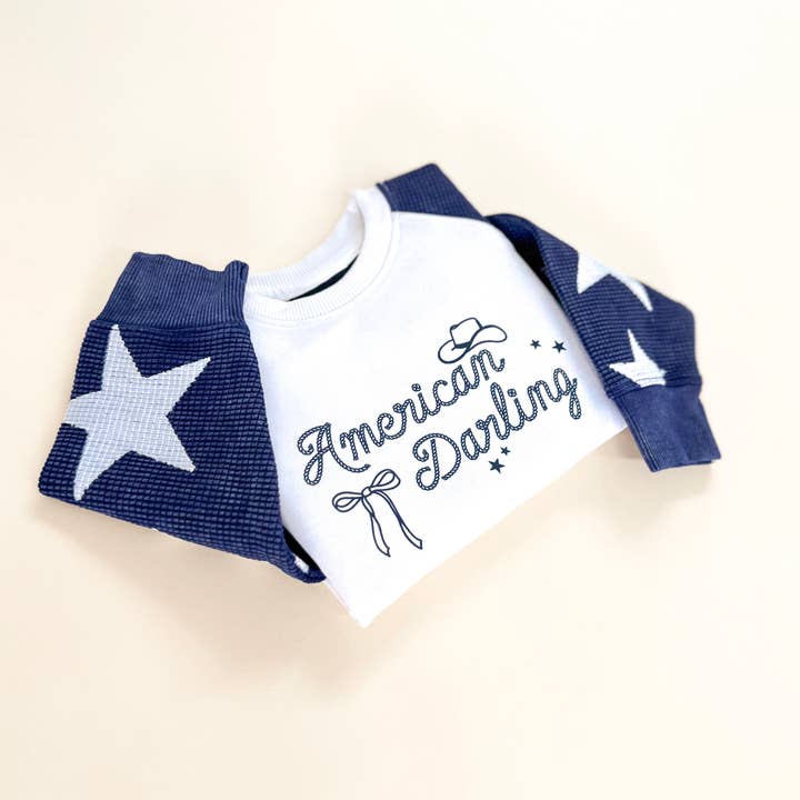 American Darling Western Child Waffle Sleeve Crewneck - Navy / White for wholesale on Faire