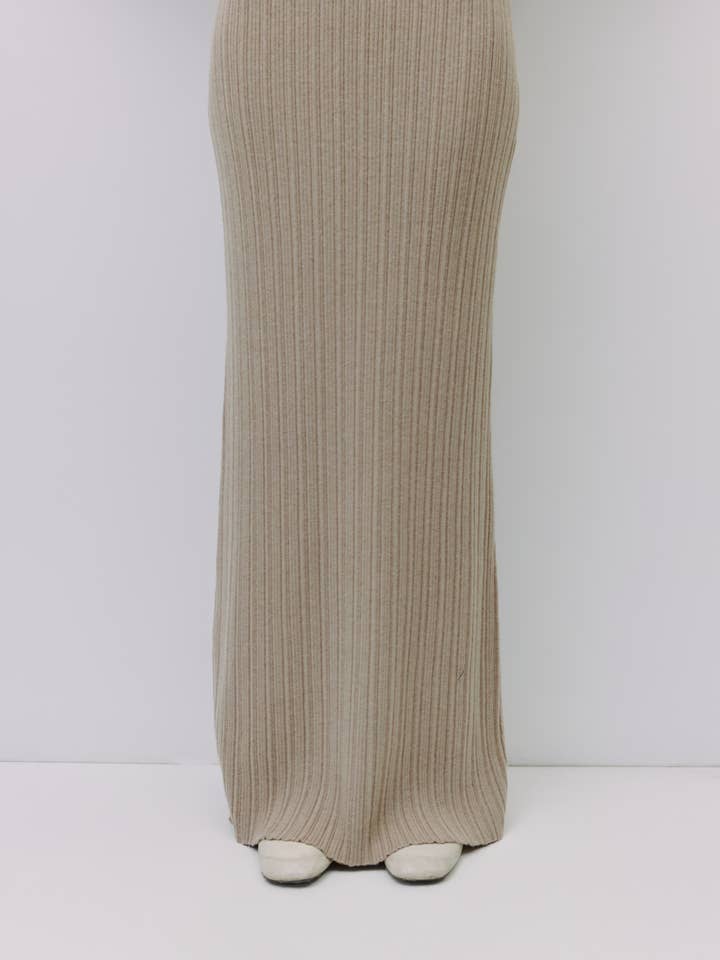 BEIGE The Joelle Skirt | Ribbed Knit Maxi Skirt for wholesale on Faire3