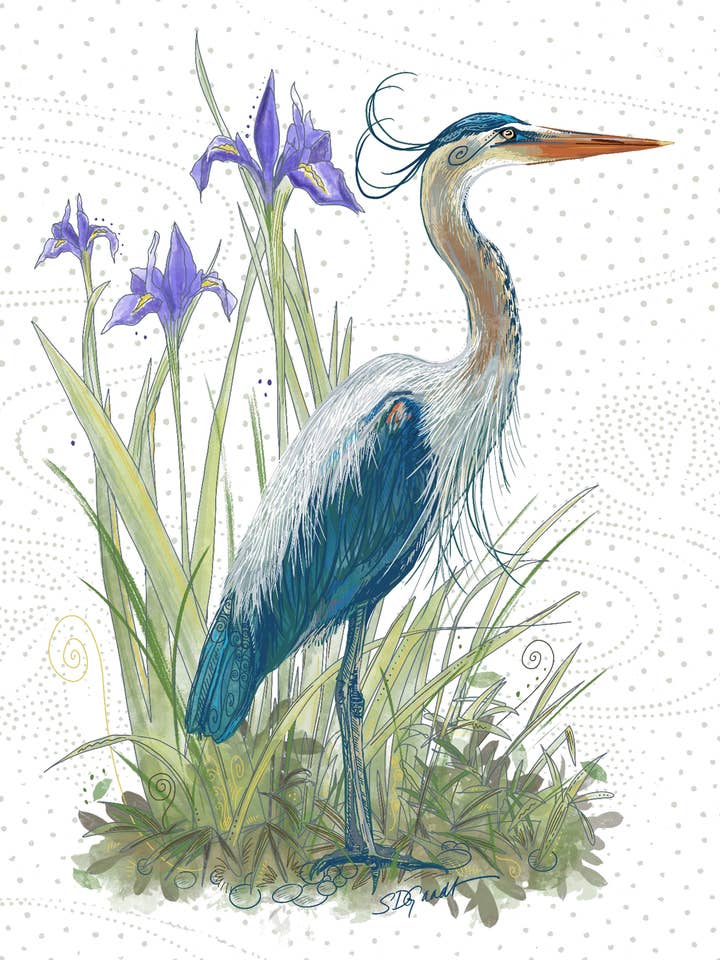 Great Blue Heron With Wild Iris Card for wholesale by Give A Fig