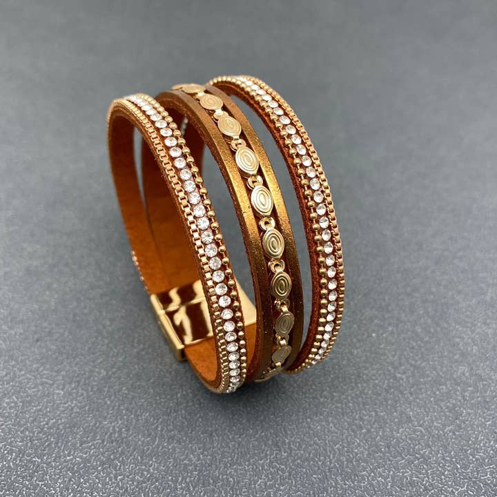Mio Queena - Wholesale Bangle Bracelet - LB - Sparkling Rhinestone & Leather Triple-Layer Boho Bracelet6