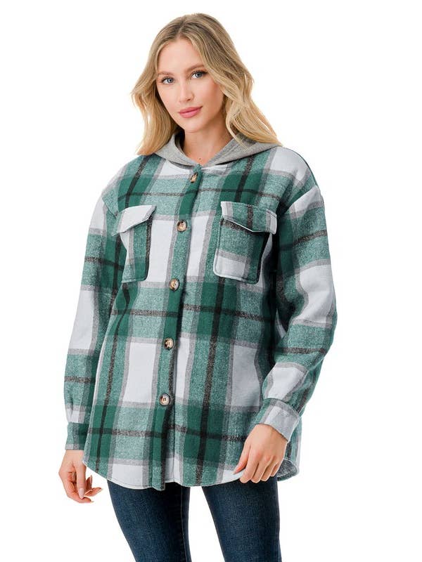 Color 5 - Wholesale Sweatshirt - Women's - Fur lined green white plaid flannel shacket w/hoodie pocket