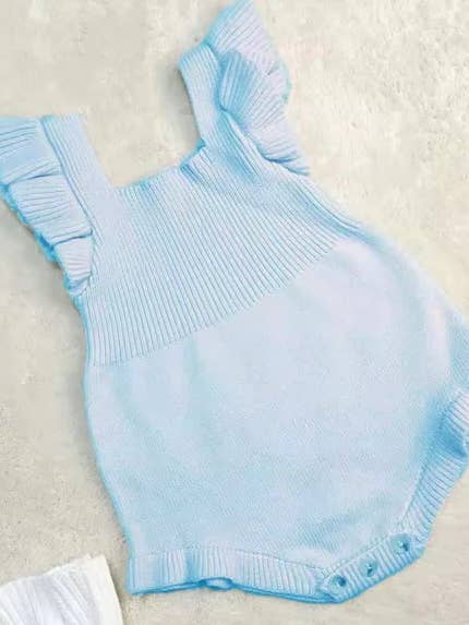 Knit Sleeveless Ruffle Romper BLUE for wholesale by Levi and Lane Blanks