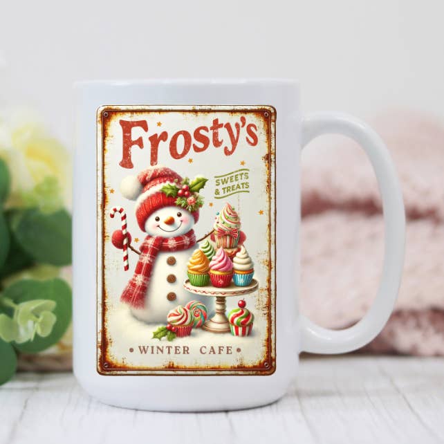 Frosty's Winter Christmas Cafe 15oz Coffee Mug for wholesale by Prairie Chicken Sticker Shop & Gifts