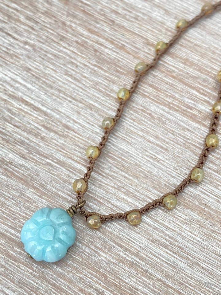 Carved Stone Amazonite Flower On Crocheted Crystal Strand for wholesale by Twist Style